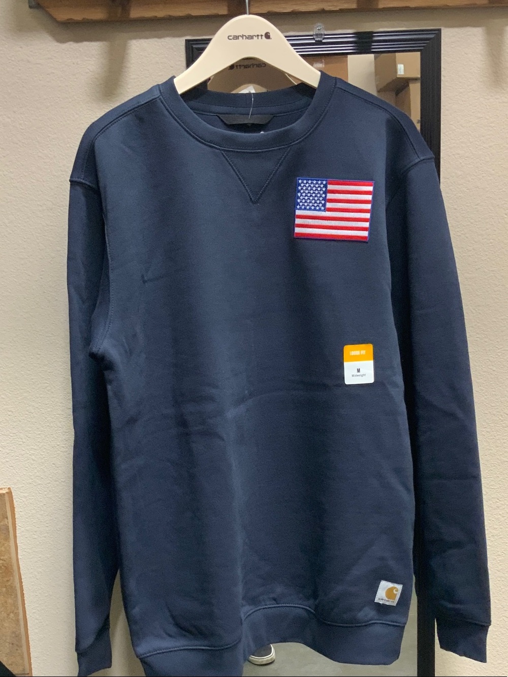 Carhartt Men’s Navy Blue Crewneck Sweatshirt with American Flag Patch